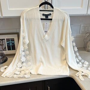 French Connection Cream/white V-Neck Sweater with Floral Sleeves